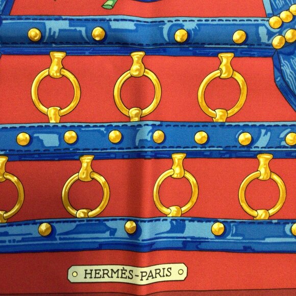 HERMES RED / BLUE MULTI AUX CHAMPS SQUARE SILK TWILL SCARF - Picture 7 of 9